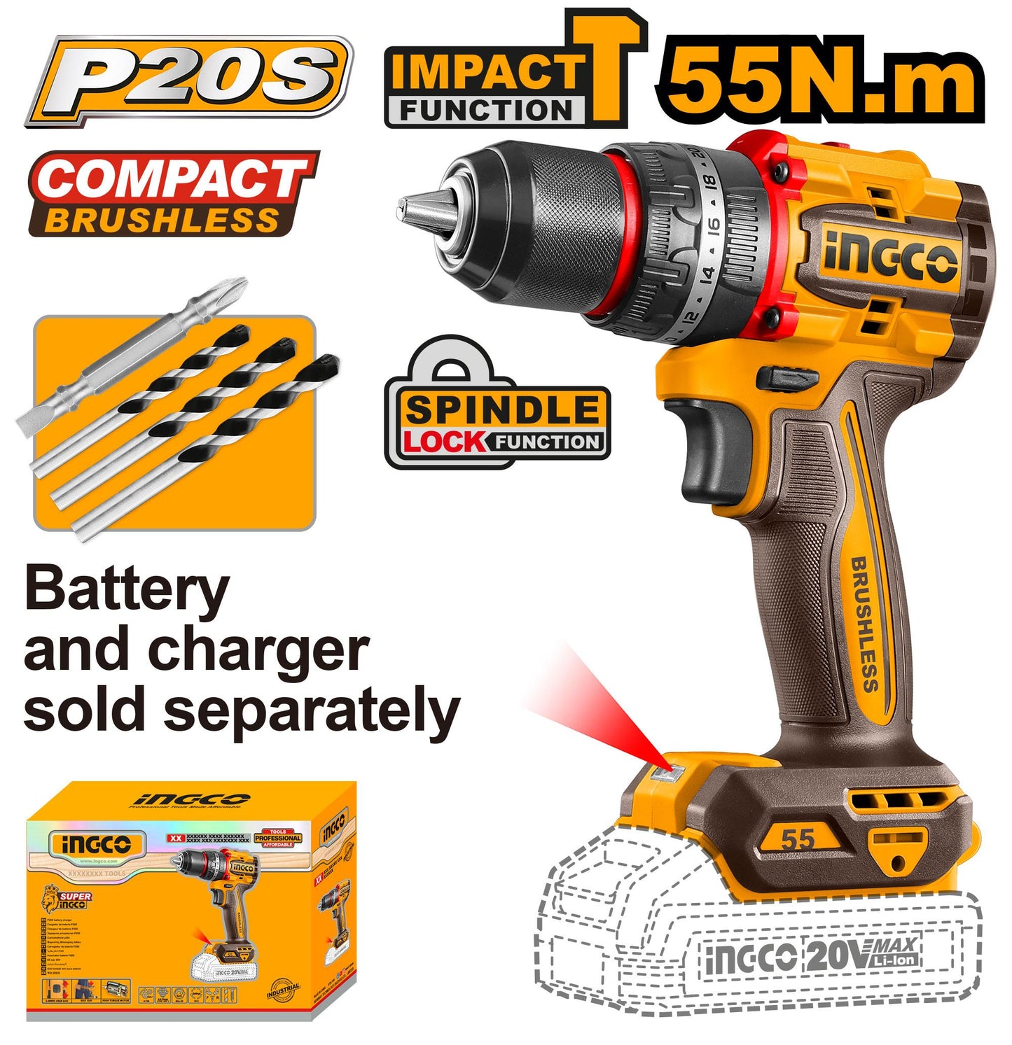 Ingco Compact Brushless Cordless Impact Drill CIDLI205581